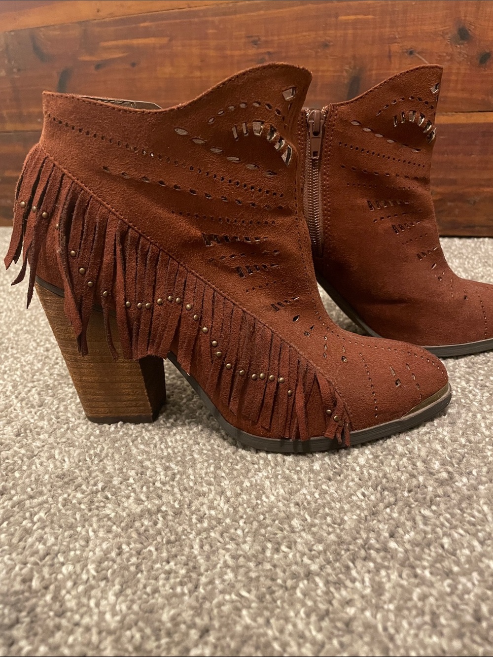Fringed Suede Ankle Booties - Rust Brown - Picture 2 of 8